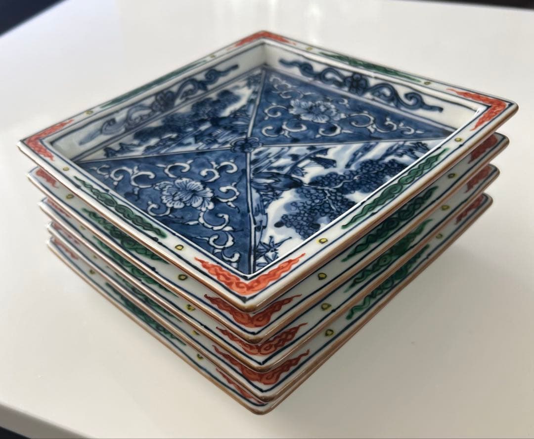 京焼 清水焼 京泉 染付山水牡丹唐草 角皿 5