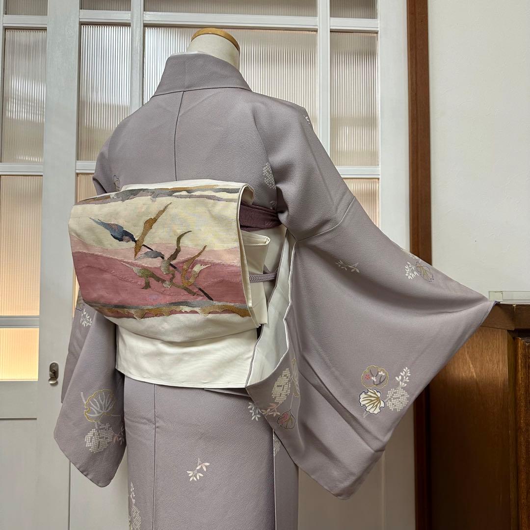 く*る様 小紋　袷　正絹　草木模様　飛び柄　藤鼠色　身丈170裄72トールサイズ