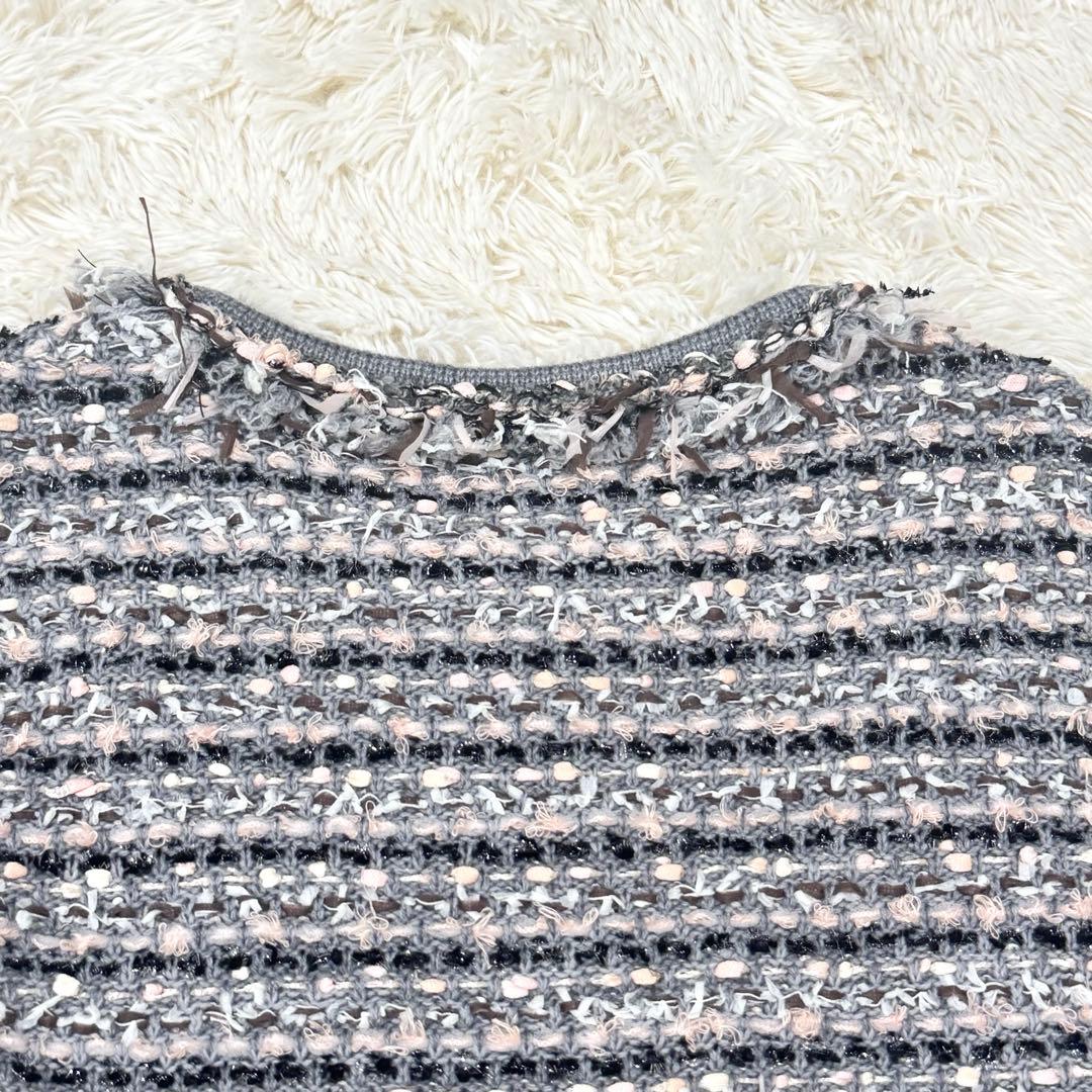 Reneルネ　ノーカラージャケット ニット パール ビジュー ダブルジップ 34