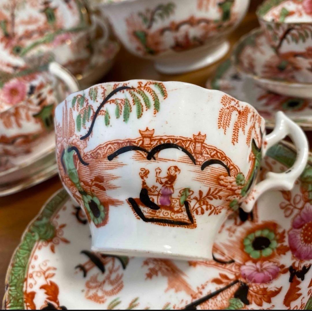 英国窯初期のアンティーク　カップ　ソーサー　プレート　シノワズリ c1880