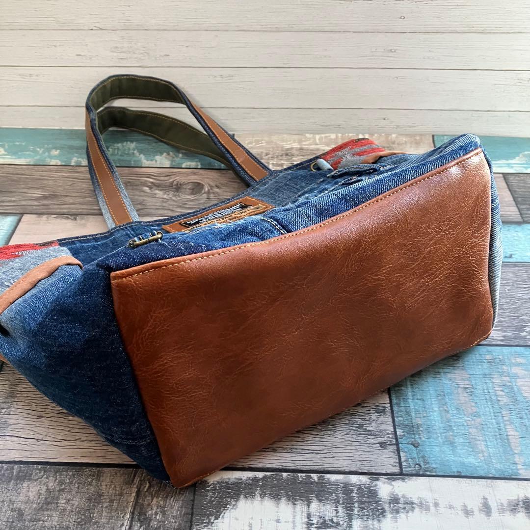 ◆デニム×ネイティヴ柄◆サイドポケット付き トートバッグ 他2点