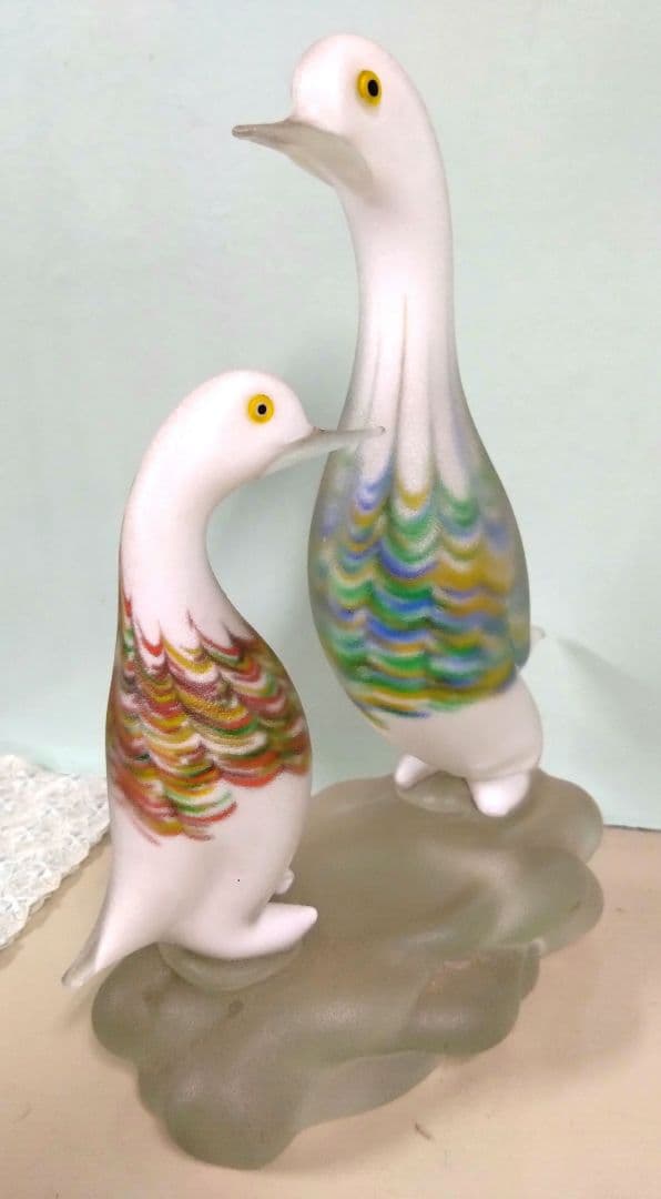 ベネチアングラスの置き物　2羽の鳥　フロストガラスコーティング　ハンドメイド