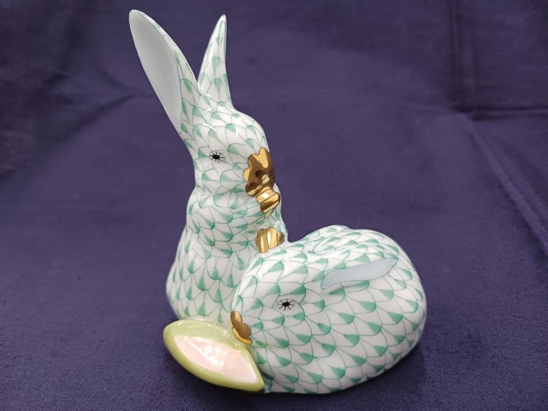 〔値下げ‼〕【HEREND】ヘレンド/フィギュリン うさぎペア　グリーン