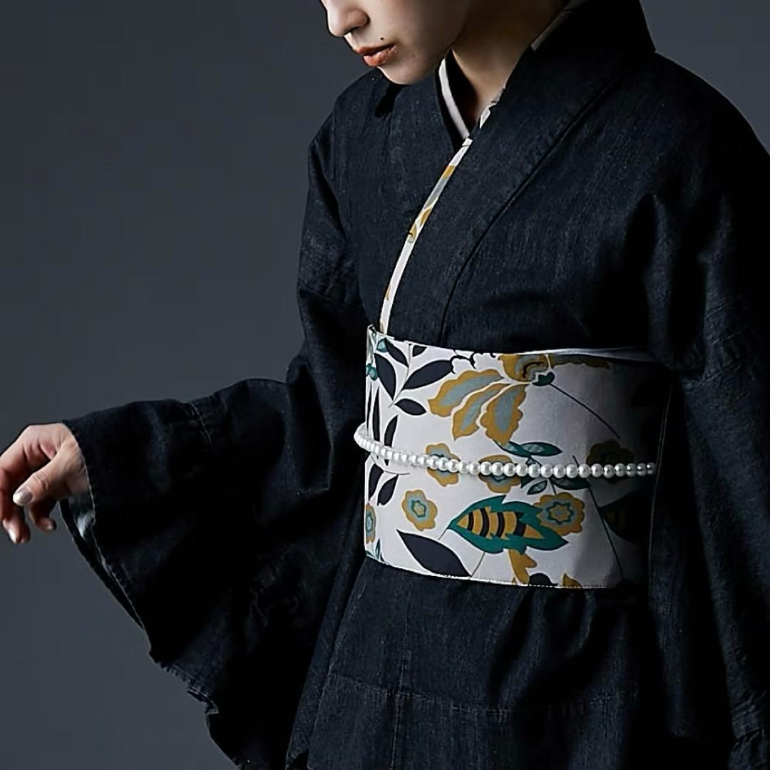 本日値下げ激レア高見え❣️綿100％デニム浴衣(花柄半襟付き) GEVS.＋帯付き