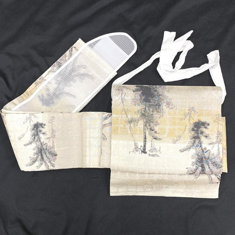 507mr86▲ワンタッチ作り帯 きものやまと 風景 抽象柄 箔糸 袋帯▲美品