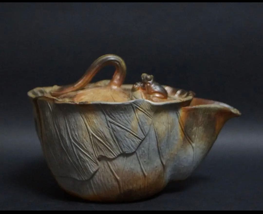 ★備前焼 小西陶古造 窯変細工浮彫 『蓮の実に蛙/蟹』宝瓶★共箱 ★