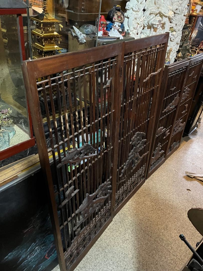 木製の彫刻障子、珍品障子、美しい障子、松の木や船、和室、衝立、風炉先 山水障子