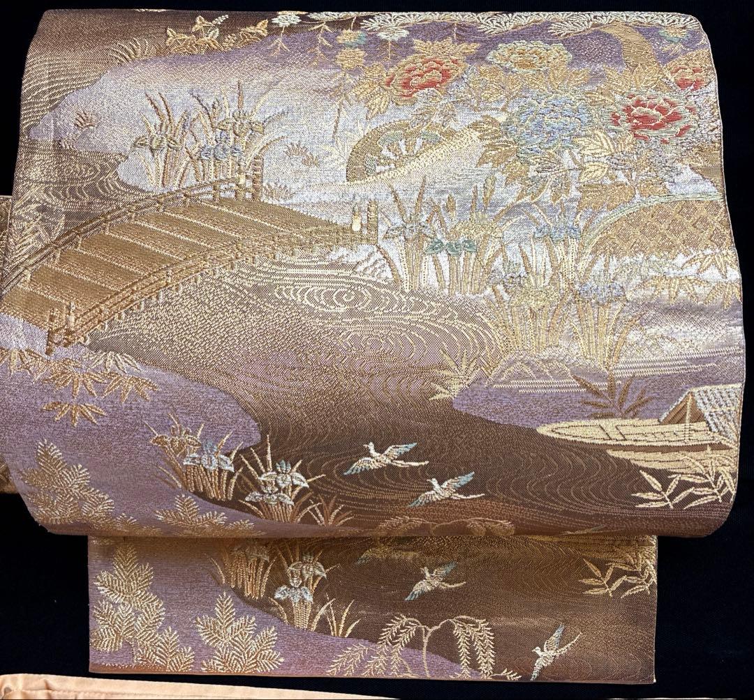 美品 橋 笹 牡丹の花 花菖蒲 正絹 袋帯 二重太鼓