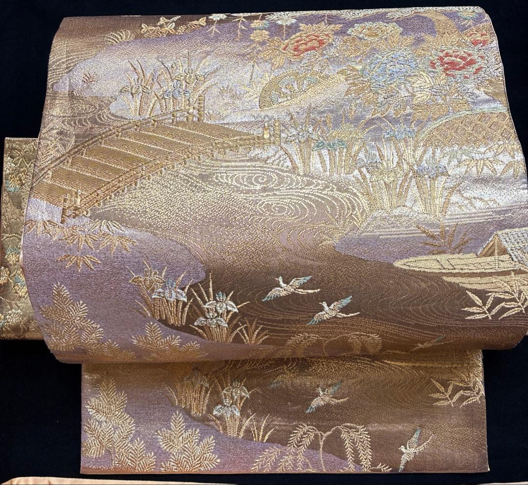 美品 橋 笹 牡丹の花 花菖蒲 正絹 袋帯 二重太鼓