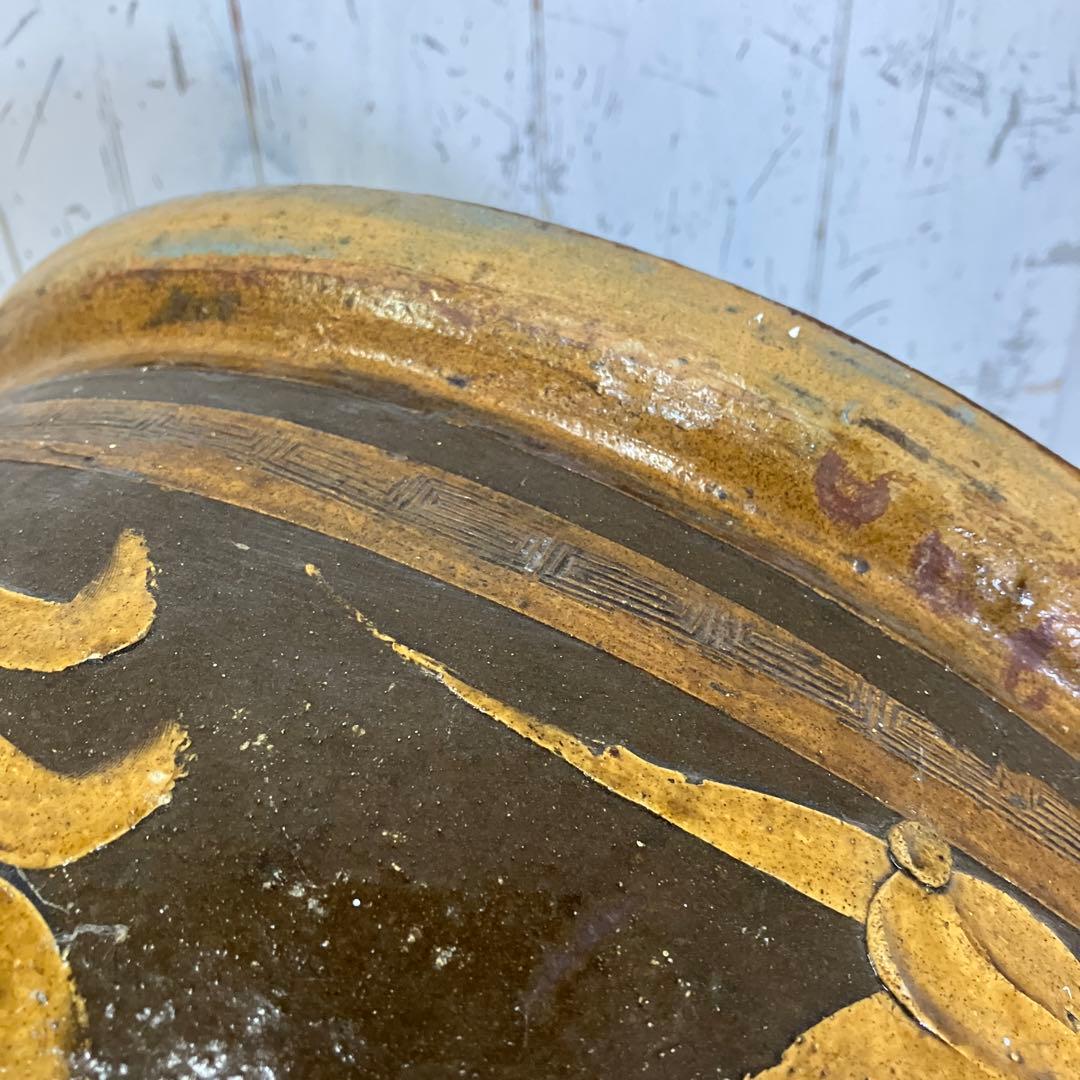 C-壁 昭和レトロ 龍模様 火鉢 陶器製 アンティーク 壺 甕 龍彫り 古民家