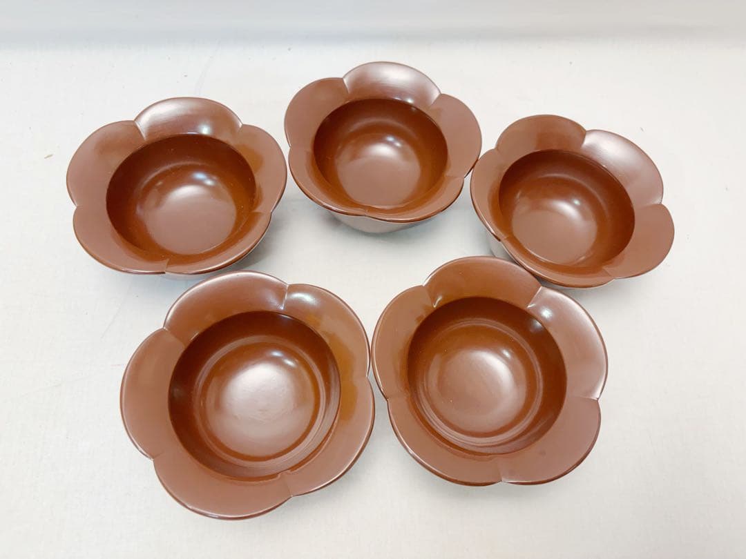 ほぼ未使用 茶道具 光宏作木製古代朱 向付 5客組 料理皿 小鉢 銘々皿底印共箱