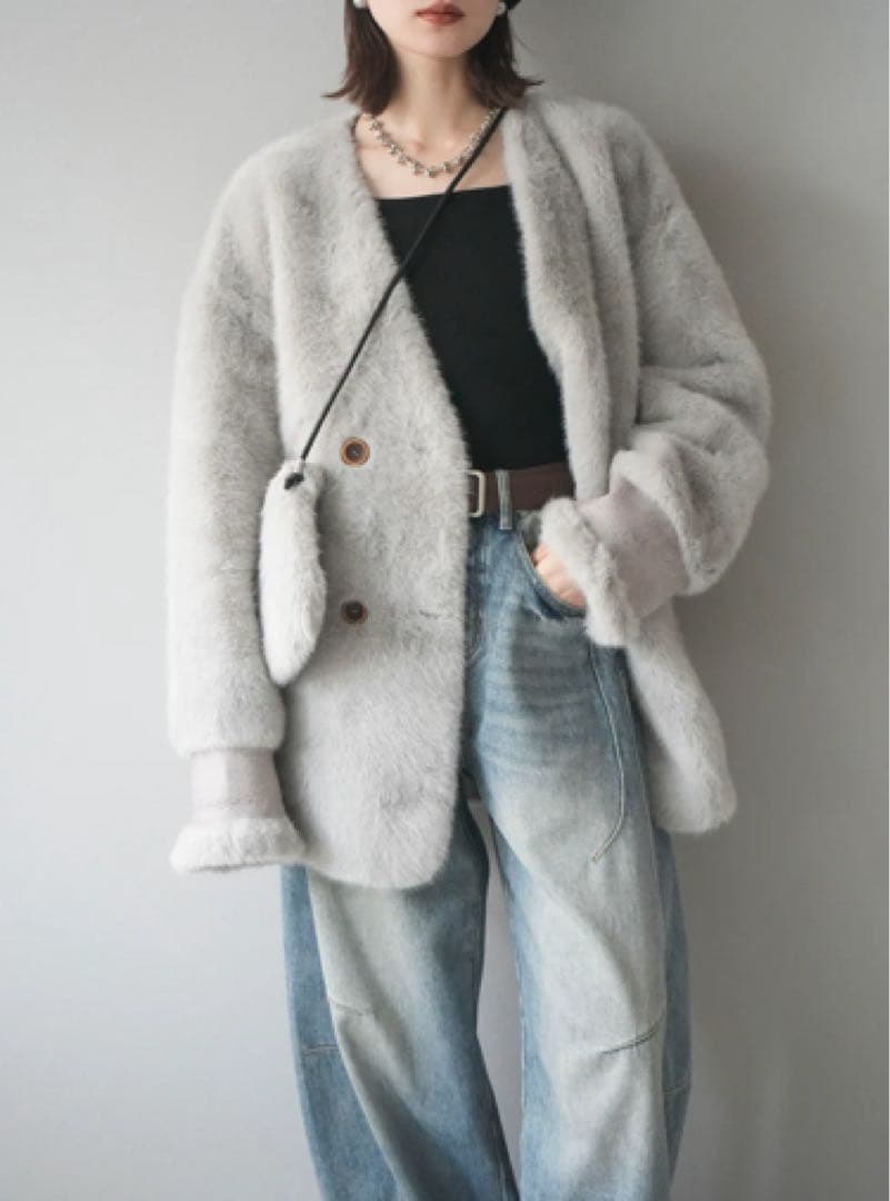 バッグ付エコファーノーカラーコート　リュミエ　lumier同型　グレー