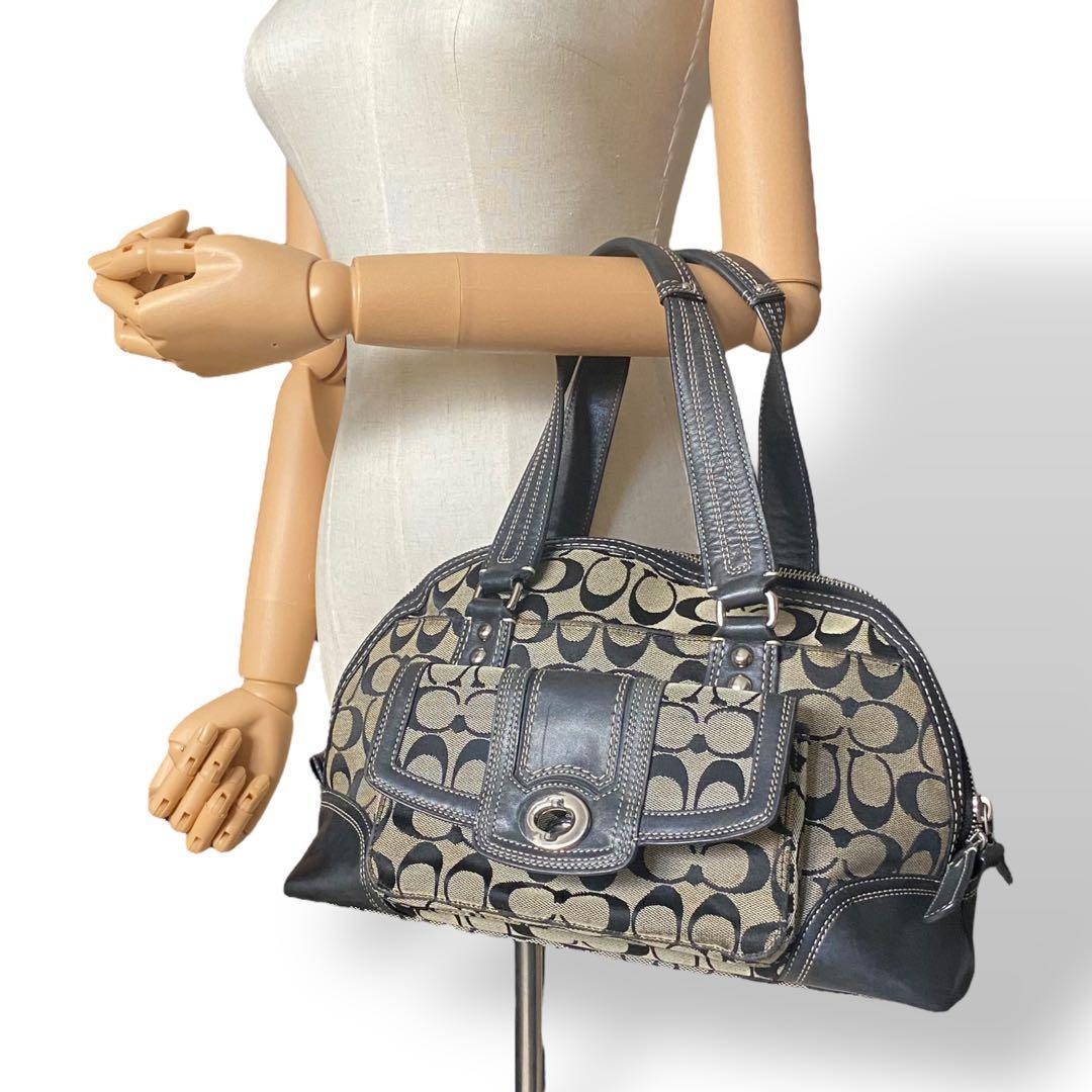 美品 COACH ショルダーバッグ シグネチャー ターンロック レザー ブラック