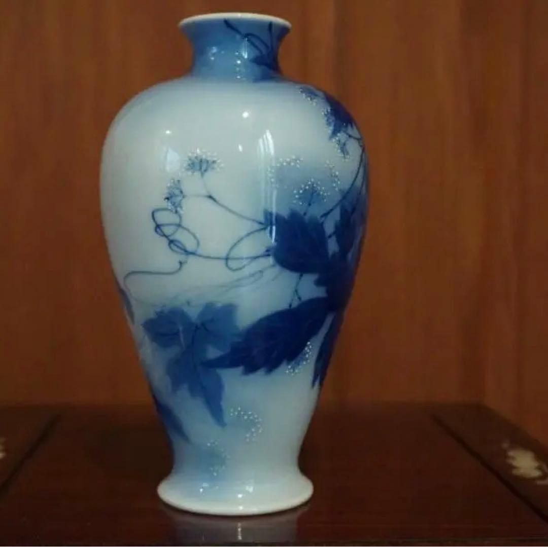 古い香蘭社の花瓶、藍染め、小ぶり