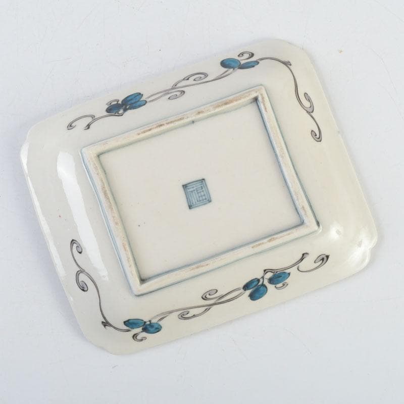 九谷焼　古九谷　角福銘　色絵花草文　四方皿　時代箱　C　9248