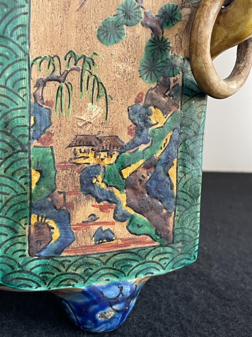 希少 古九谷 青九谷 青手 香炉 角福 1800年 香炉 鳳凰 獅子 吉田屋