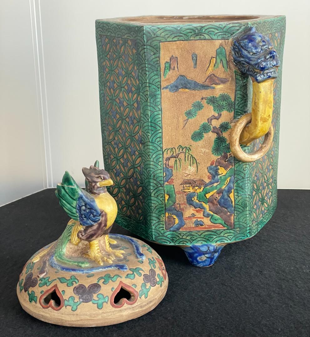 希少 古九谷 青九谷 青手 香炉 角福 1800年 香炉 鳳凰 獅子 吉田屋