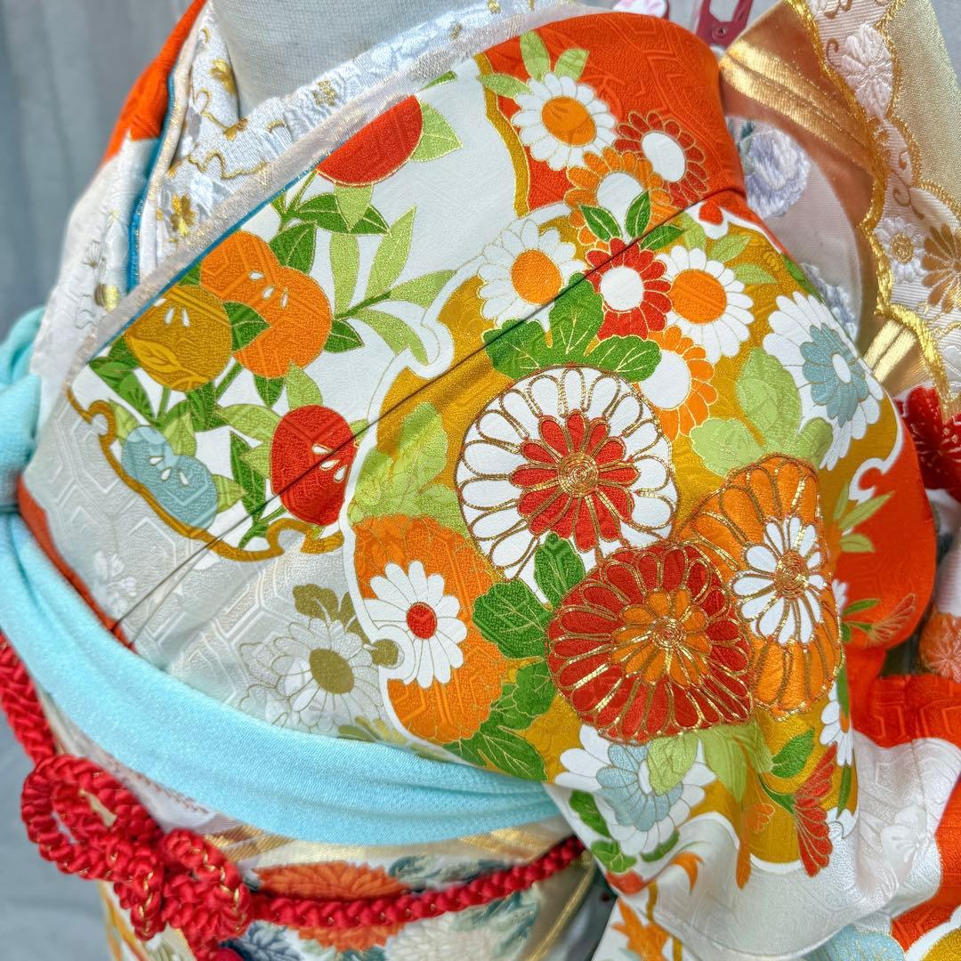 振袖フルセット　古典柄　トールサイズ　161〜171　白地オレンジ　正絹　成人式