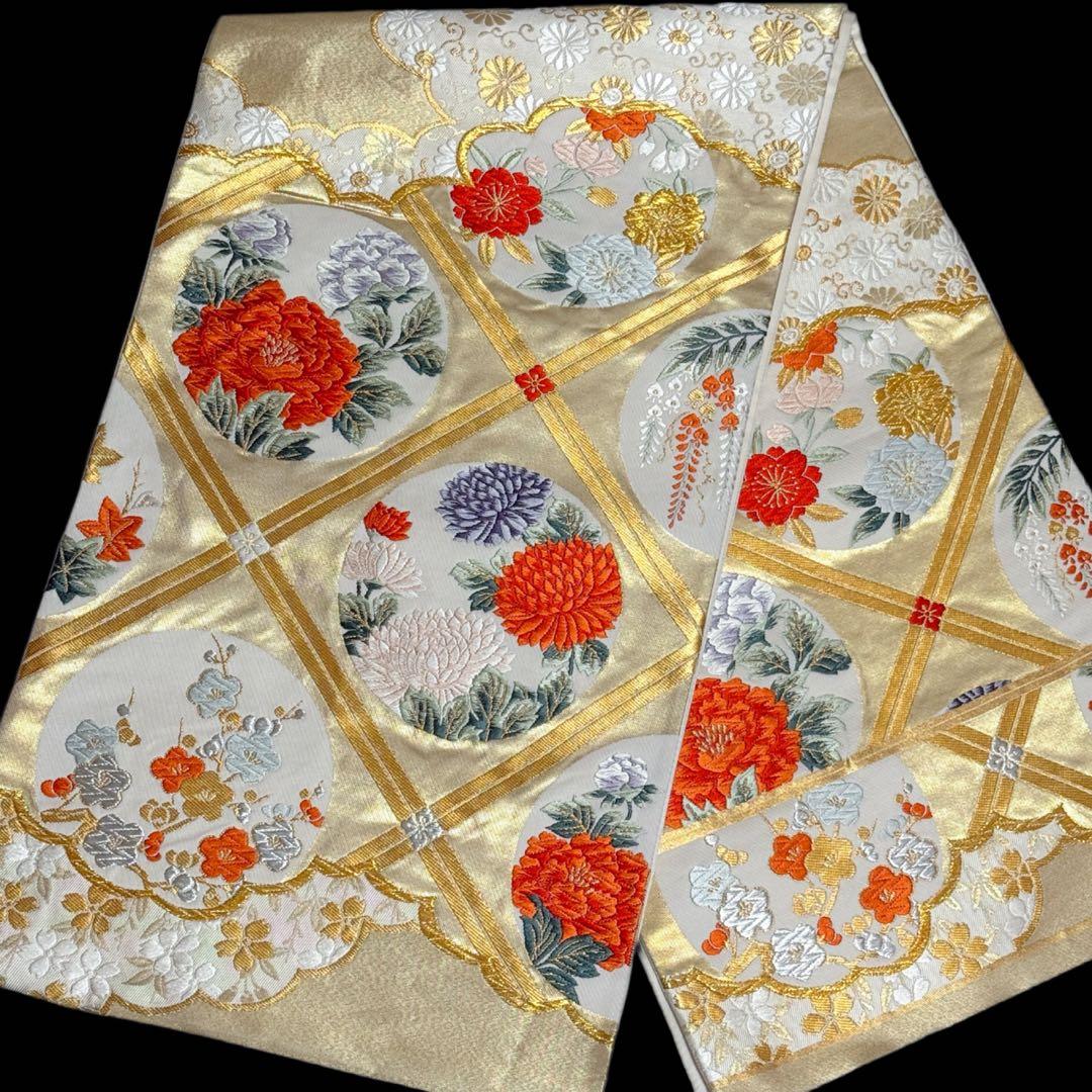 振袖フルセット　古典柄　トールサイズ　161〜171　白地オレンジ　正絹　成人式