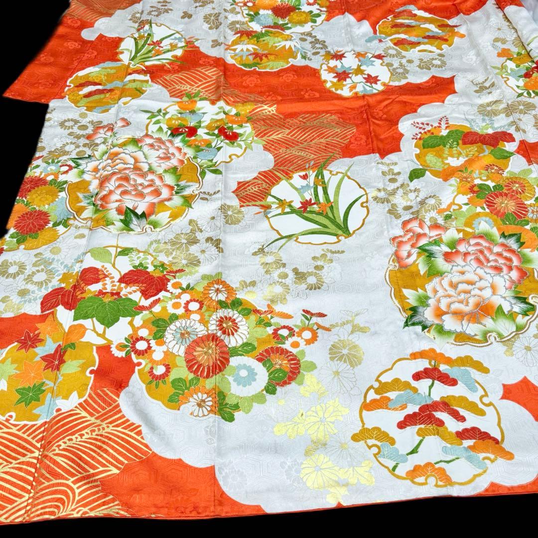 振袖フルセット　古典柄　トールサイズ　161〜171　白地オレンジ　正絹　成人式