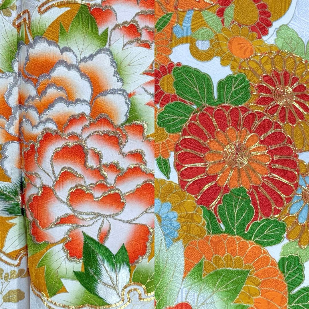 振袖フルセット　古典柄　トールサイズ　161〜171　白地オレンジ　正絹　成人式