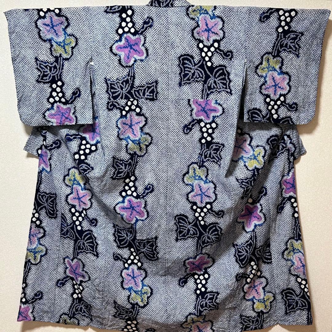 有松鳴海絞り　浴衣　葡萄　蔦の葉　裄66.5 紺　高級　洗える夏着物【Ａ5】