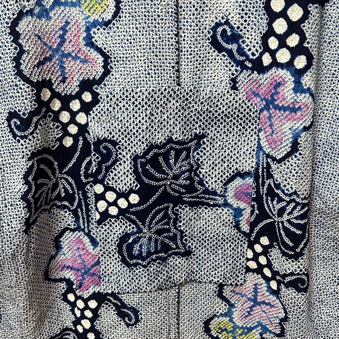 有松鳴海絞り　浴衣　葡萄　蔦の葉　裄66.5 紺　高級　洗える夏着物【Ａ5】