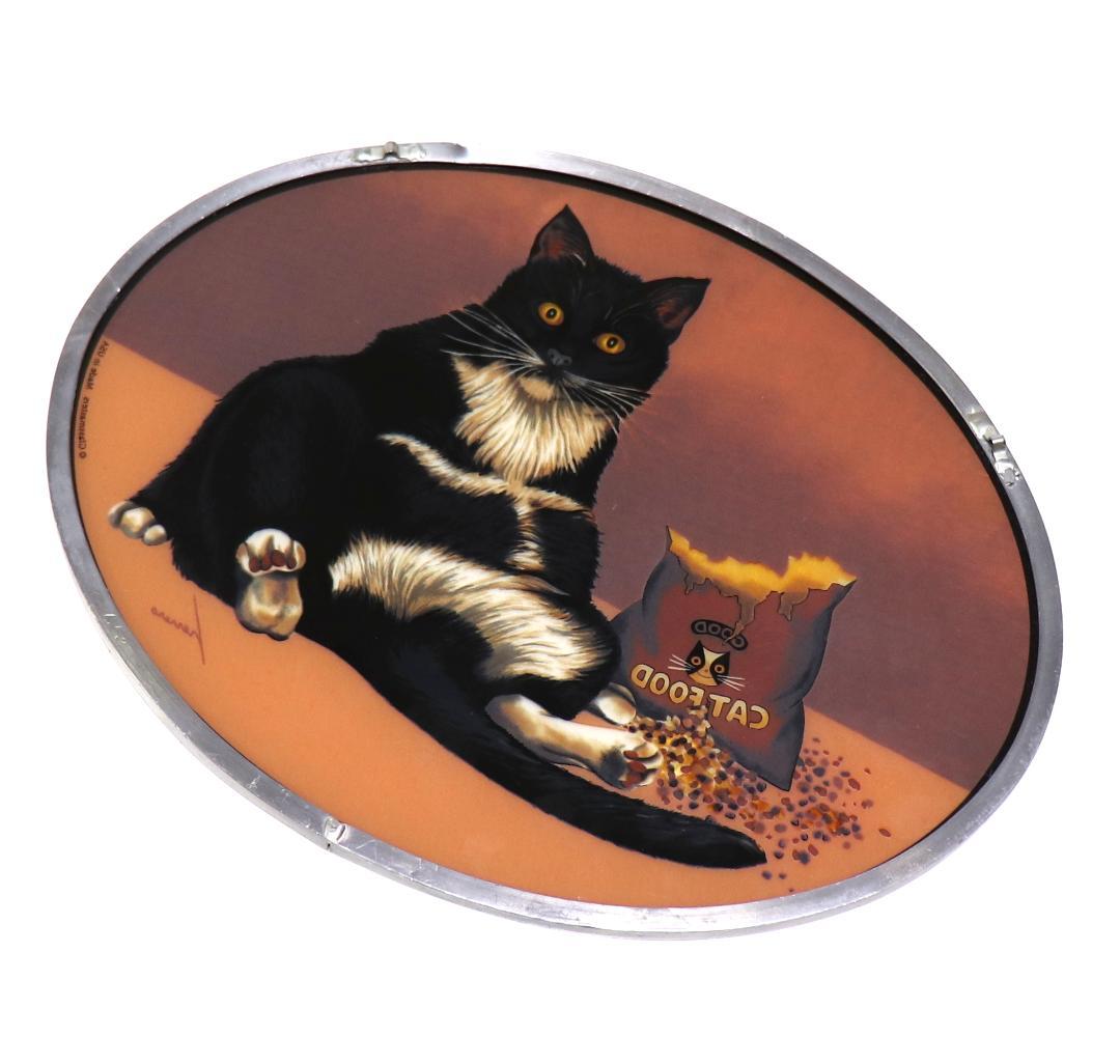 黒猫とキャットフード ヴィンテージ ステンドグラス ローウェル・エレーロ