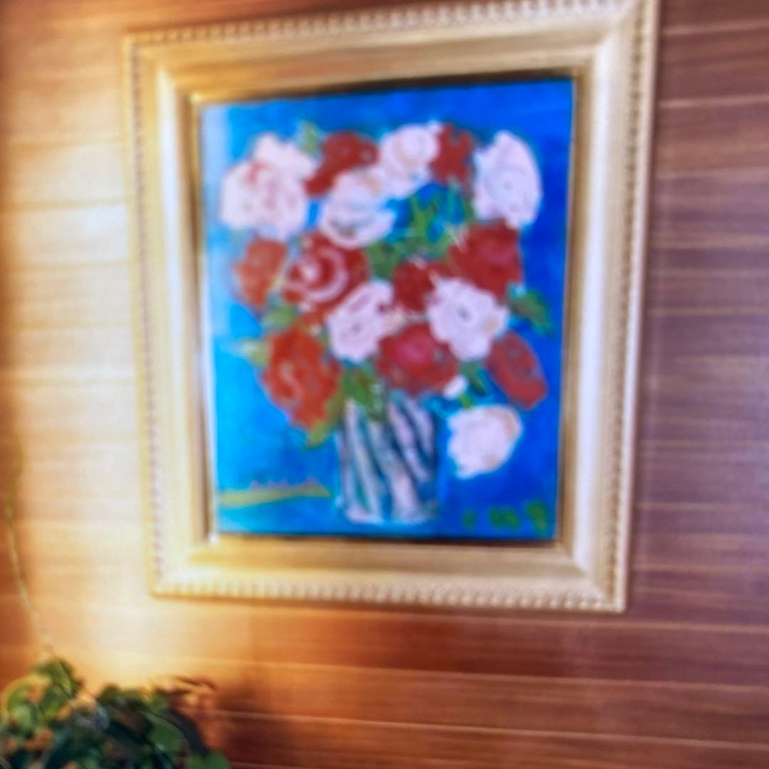 ラブリィな絵画　油彩画　エレガント　青　薔薇　インテリア　額付き　ゴージャス