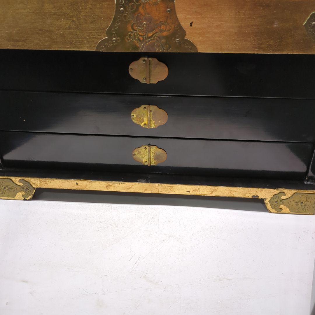 李朝 宝石箱 金箔装飾 花鳥模様 漆塗り　骨董品　時代物　旧家　初出　蔵出