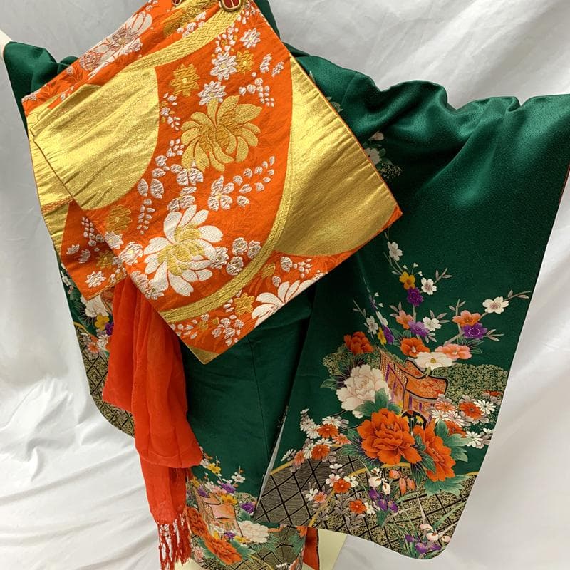 512ag25□七五三 七歳 女児 着物&袋帯&長襦袢 御所車 花文様□状態良好