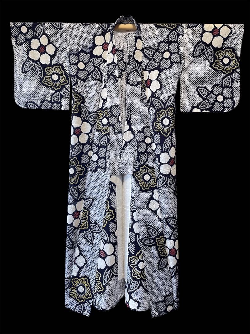 □夏涼浴衣　有松絞り　可愛い花柄 藍色　身丈約162.5cm