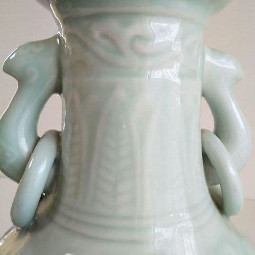 中国龍泉窯 青磁牡丹文瓶 双耳壺 中国美術 青磁 高さ38cm 牡丹文