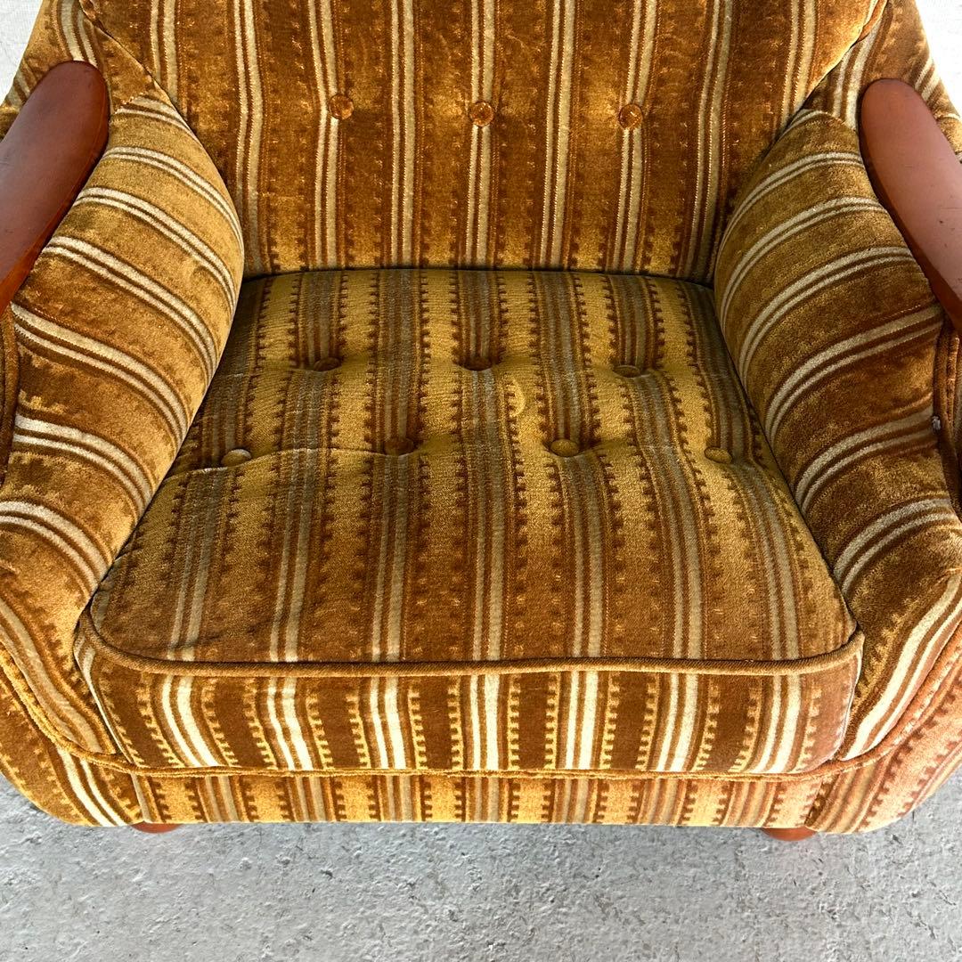 ★70s★昭和レトロ 応接ソファ｜純喫茶風 ストライプ ベロア 木肘アームチェア