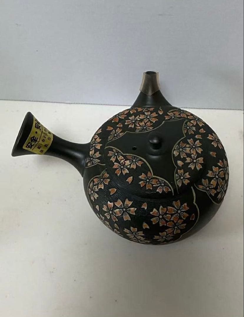 13号 緑泥丸形桜彫急須舜園 常滑燒 陶磁器 二代間野舜園 在銘