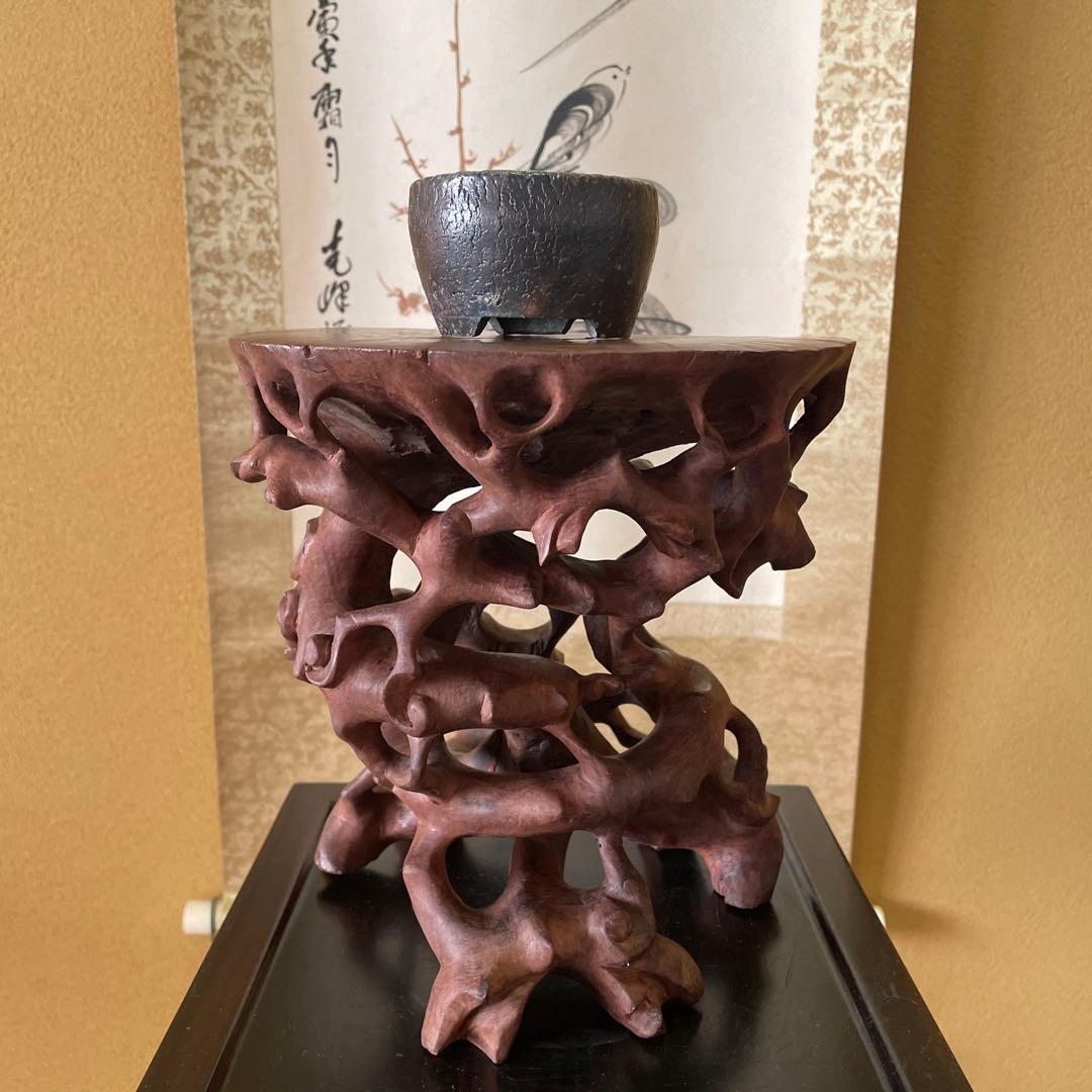 中国古玩 唐木 根台 根卓天然彫 花台 香炉台 盆栽台