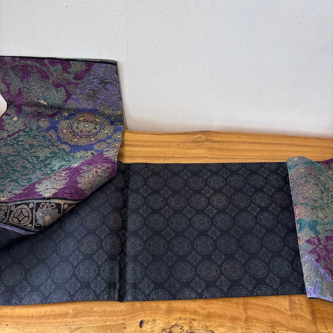 袋帯 花柄 紫 緑　華天　鵞絨　莫臥児