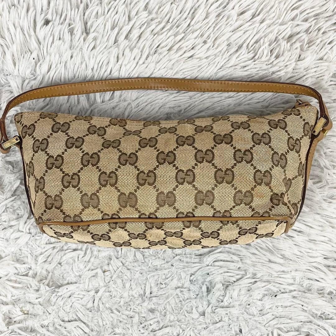 美品 グッチ キャンバス アクセサリーポーチ GG柄 ロゴ型押し ファスナー 茶