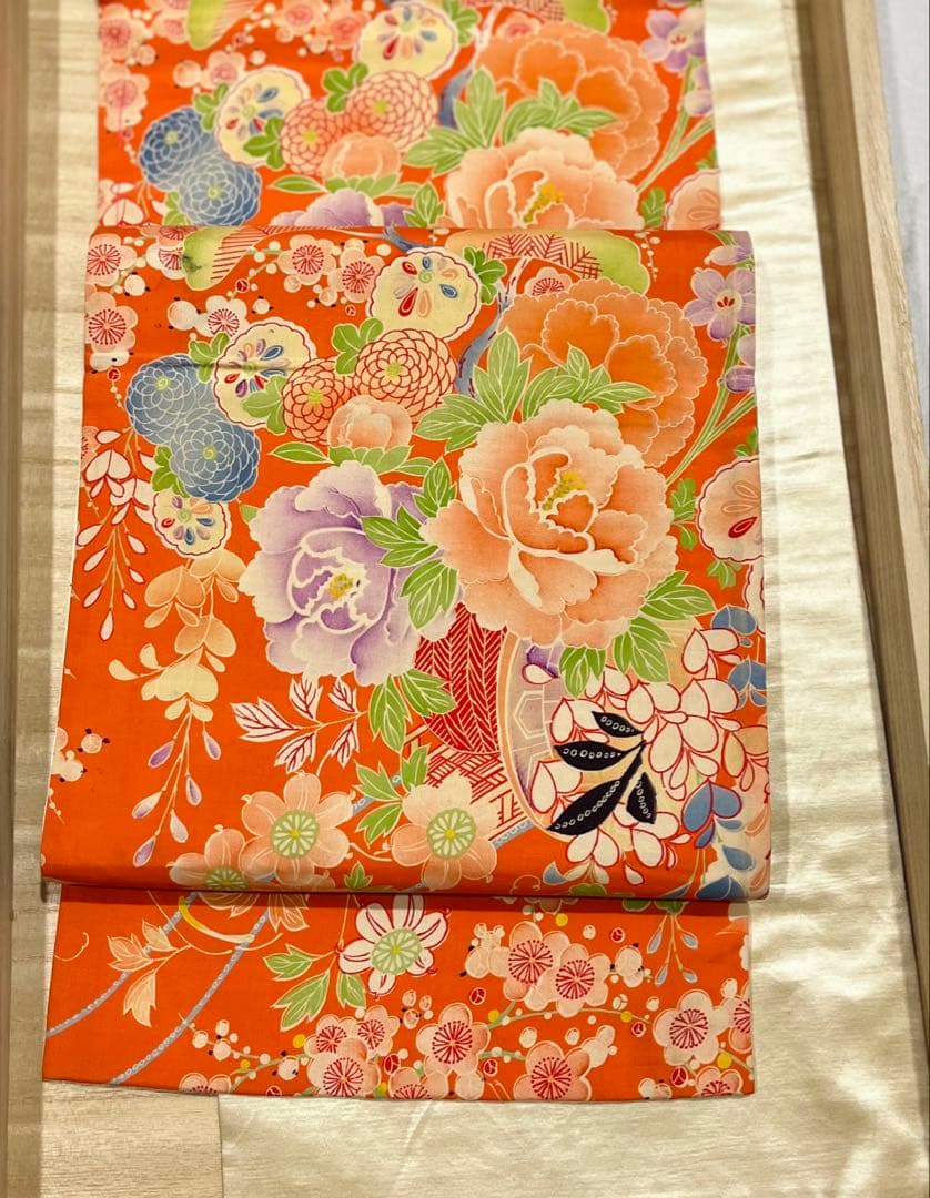 極美品◇白繻子 花車のアンティーク昼夜帯 鶴 松 デッドストック