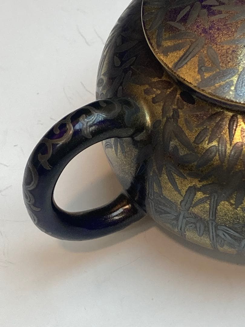 黄檗清鳳 作 紫地銀彩竹林茶注 急須 共箱 煎茶道具 茶道具