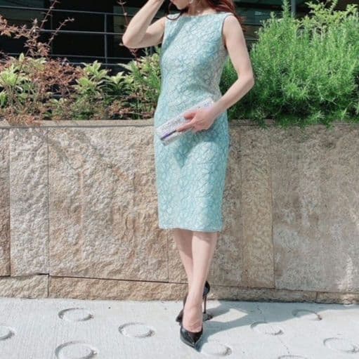 タダシショージ／ミントカラー 総レースドレス ワンピース グリーンノースリーブ