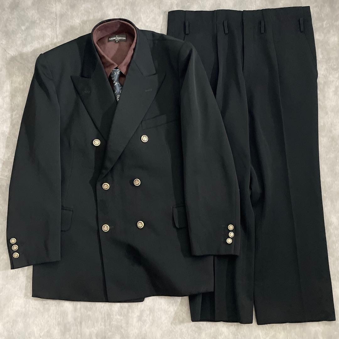 極上 漆黒ウール 黒金ボタン ダブルスーツ saint Laurentネクタイ