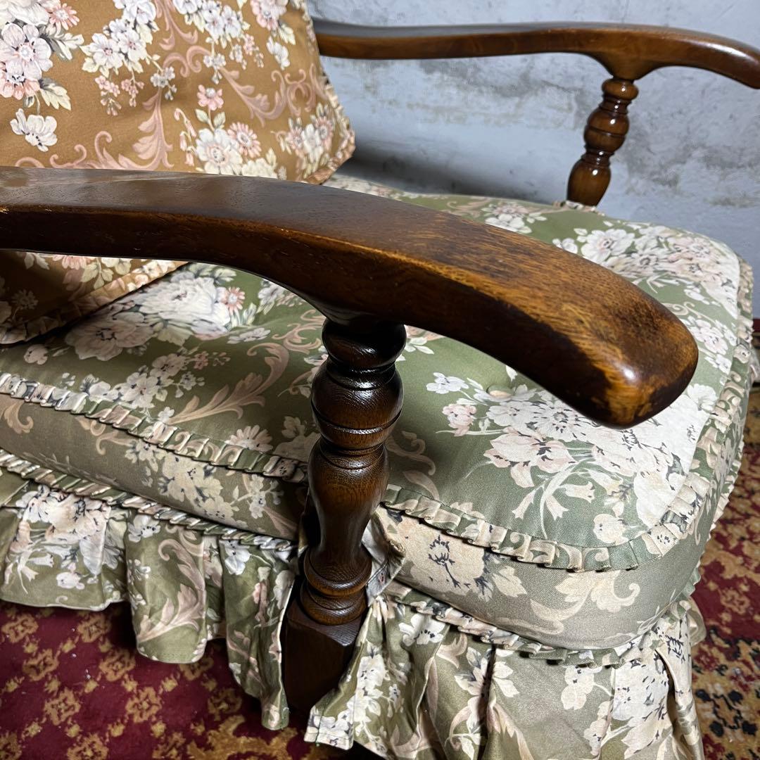 【キツツキ】ラウンジチェア 1人掛け 花柄クッション付き ヴィンテージ ソファ⓵