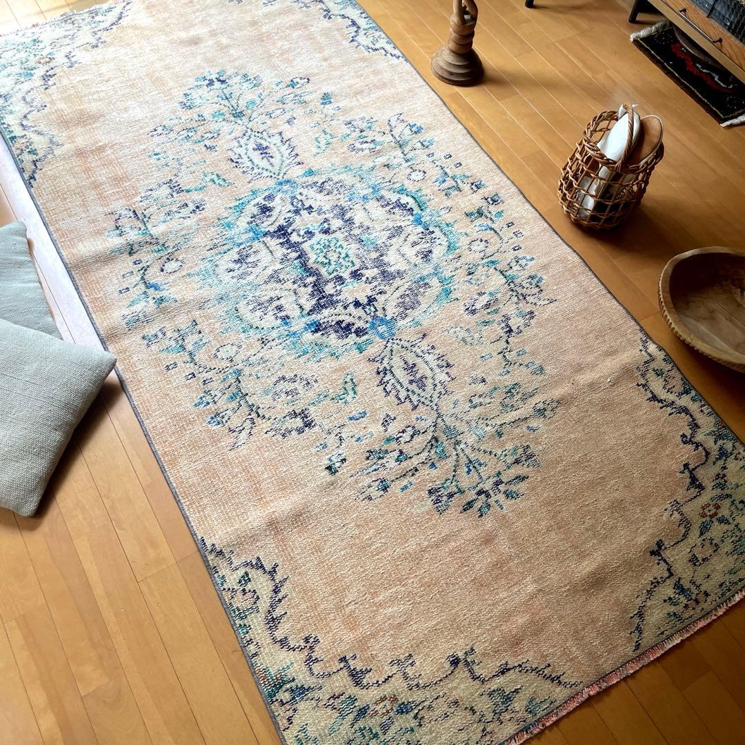99×222 ペールベージュ×ブルー　メダリオン　擦れトルコヴィンテージラグ
