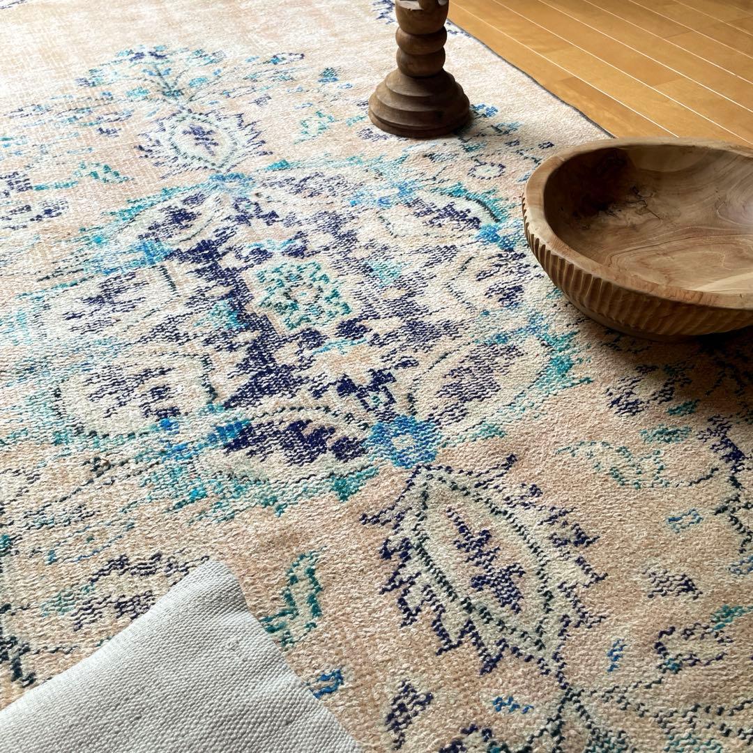 99×222 ペールベージュ×ブルー　メダリオン　擦れトルコヴィンテージラグ