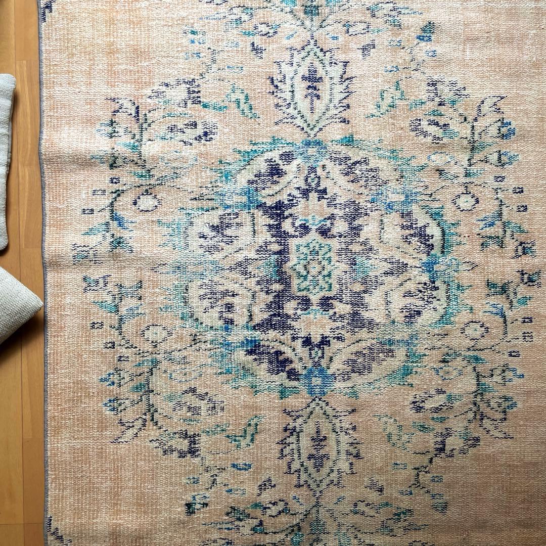 99×222 ペールベージュ×ブルー　メダリオン　擦れトルコヴィンテージラグ