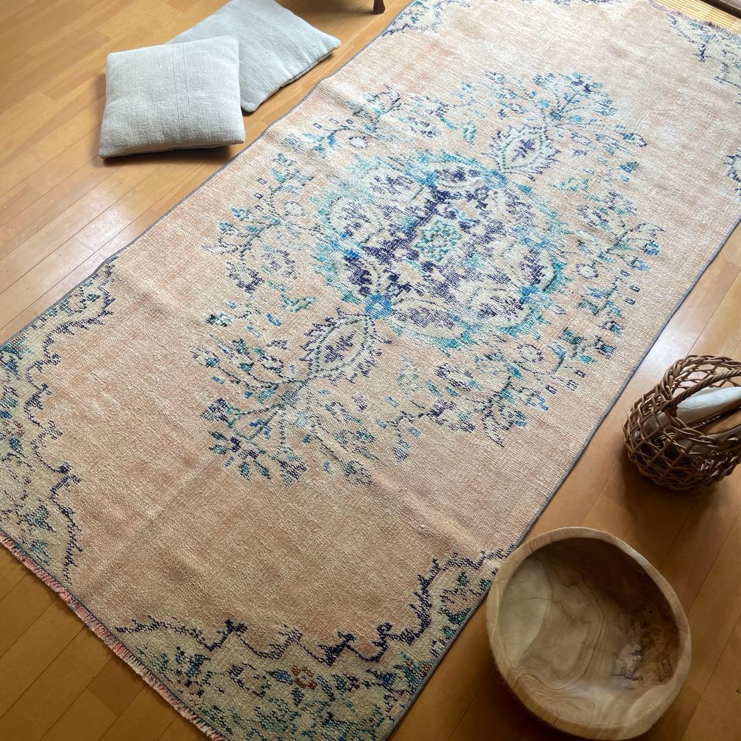 99×222 ペールベージュ×ブルー　メダリオン　擦れトルコヴィンテージラグ