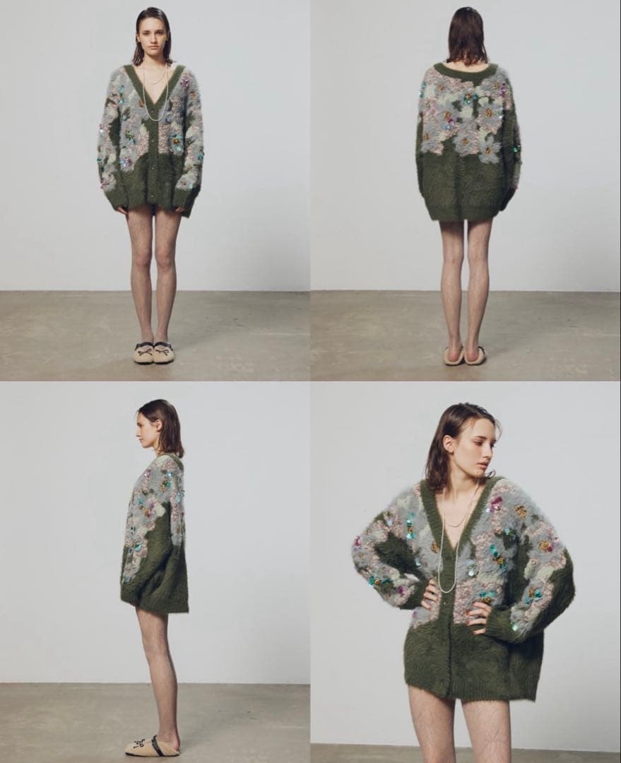 新作　完売　COEL 花柄シャギービジューニット　新品　カーキ