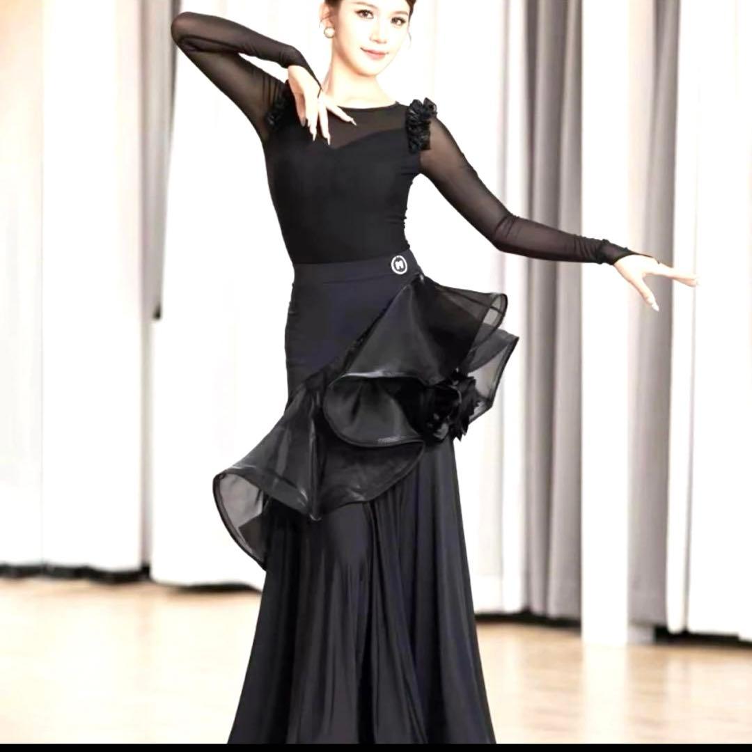 ゆめこK 社交ダンス用フリルドレス 黒色Mサイズ￼