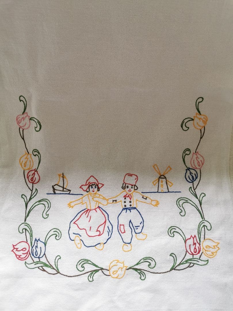アンティーク オランダ 子供＆チューリップ色糸刺繍クロス ドアカーテン 幕パネル